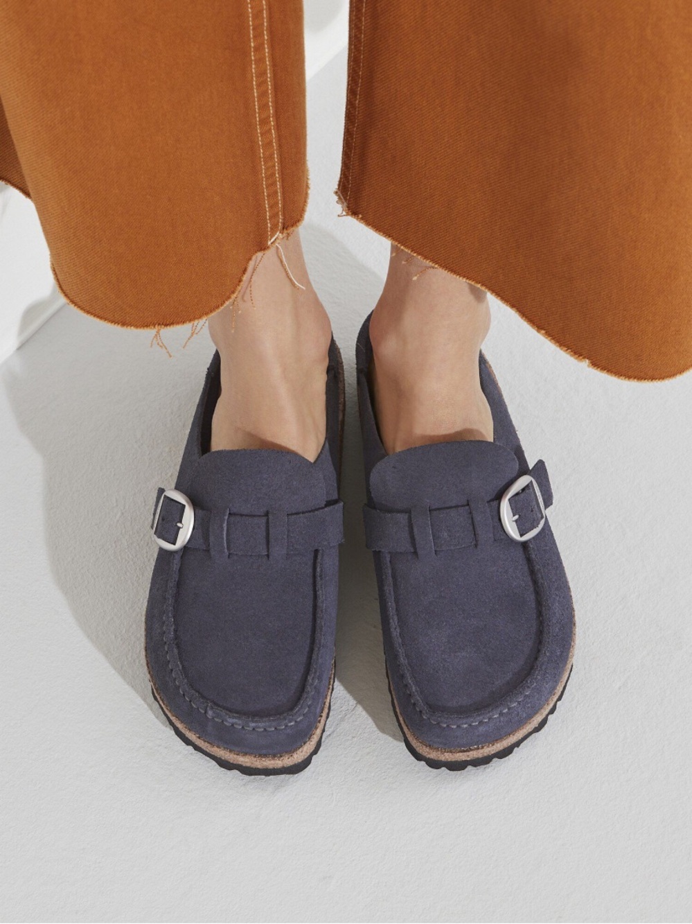 Birkenstock Buckley Suede Leather Clogs Navy with Silver Buckle Sz 40